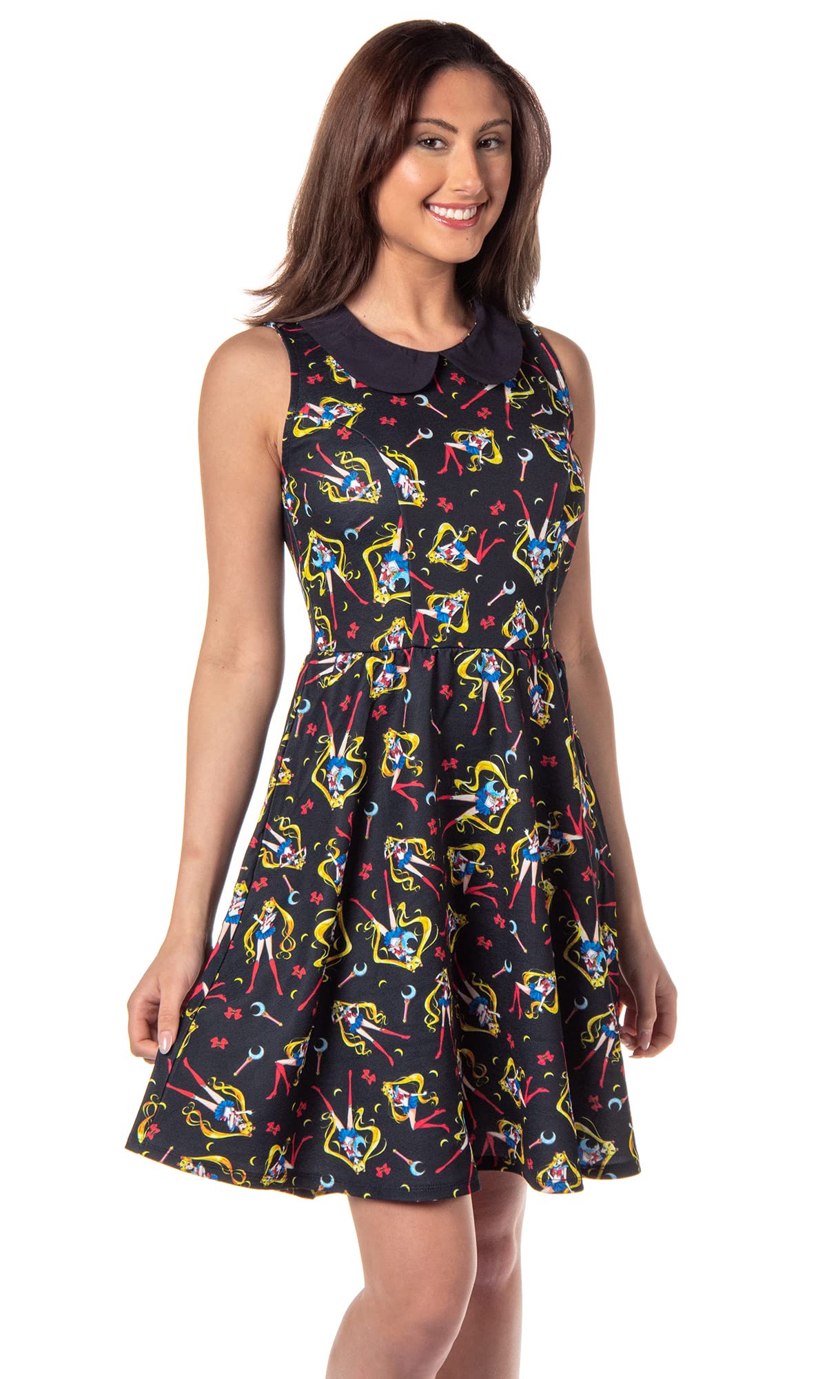 Seven Times Six Sailor Moon Womens' Bow and Moon Stick Print Anime Keyhole Cosplay Dress (Small) Black