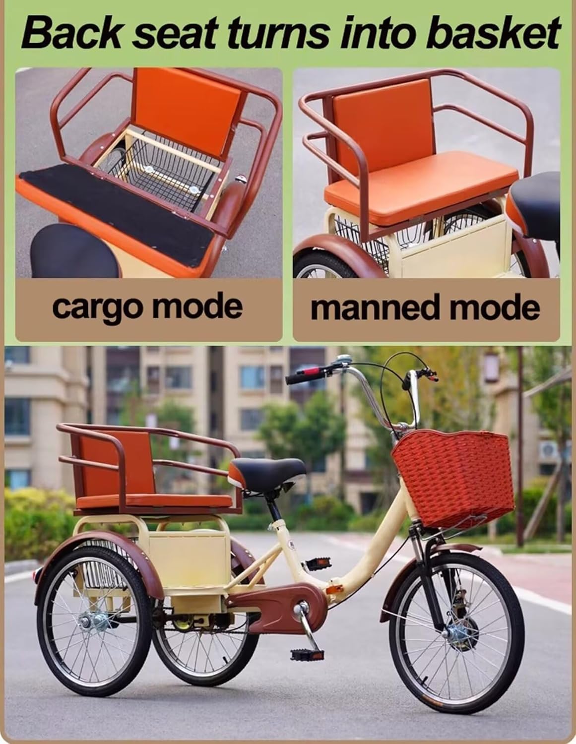 Folding Tricycle for Senior and Adult,Rickshaw Trike with Pedals,Manned Tricycle with Back seat,3 Wheels Bicycle with Hydraulic Front Fork,Front and Back Brakes,Beige 20inch