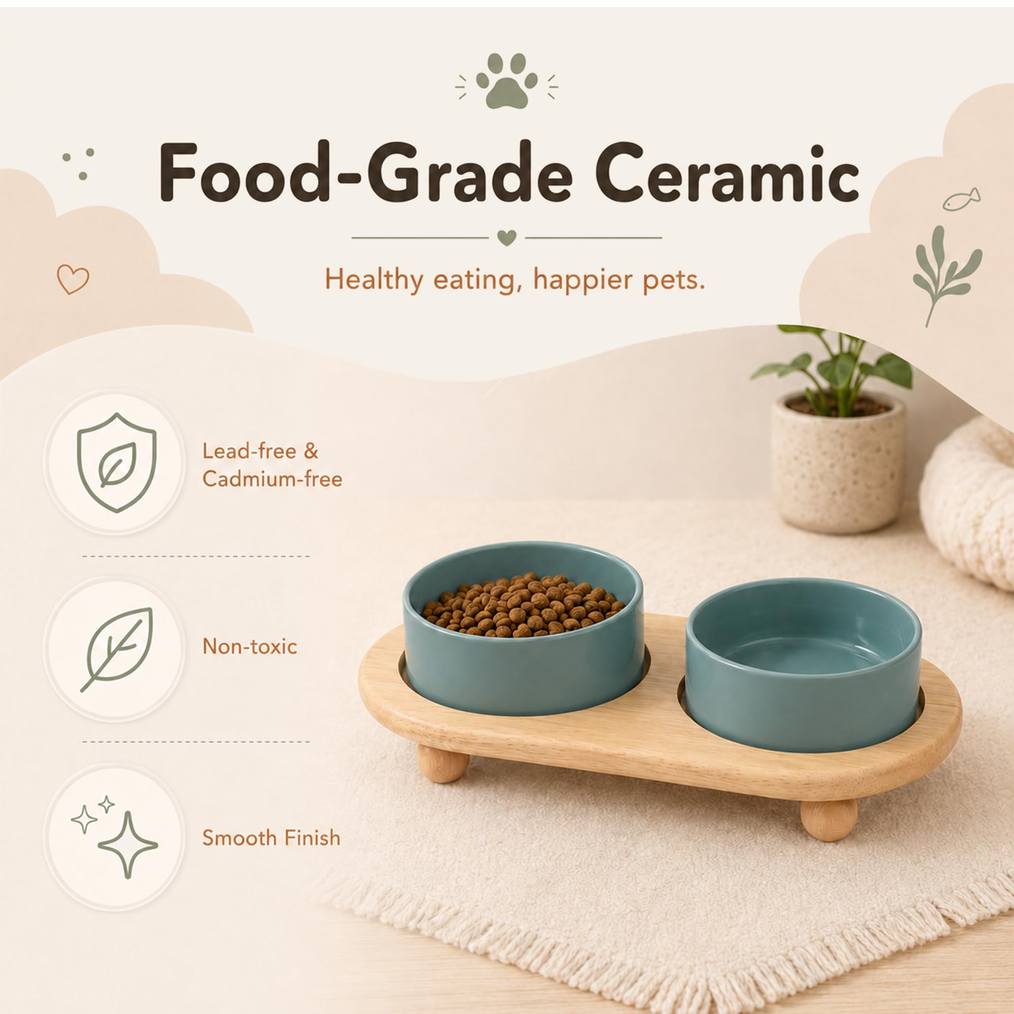 Havniva Gamelle surélevée en céramique pour chat (2 x vert foncé + support)