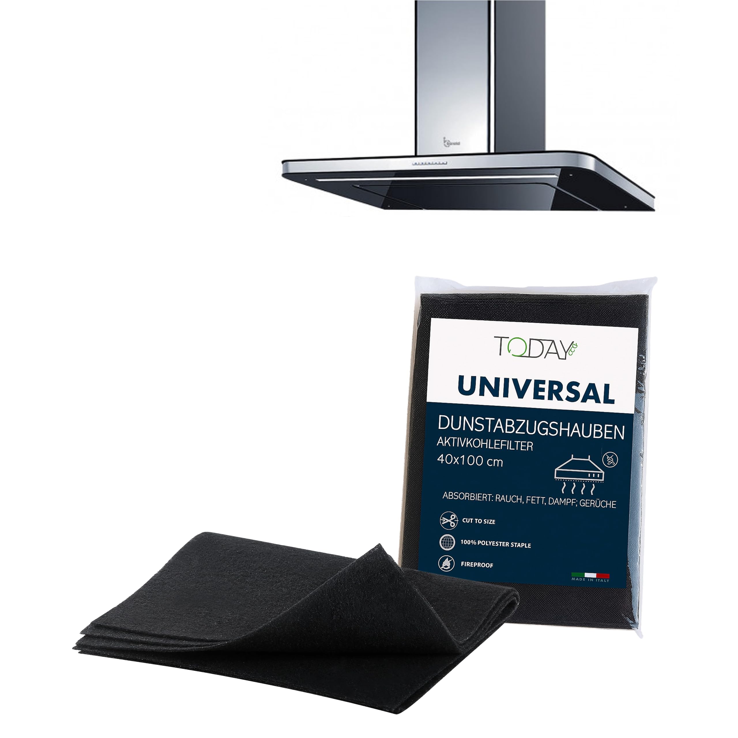 Today – Universeller Aktivkohlefilter für Dunstabzugshauben 40x100 cm – Zuschneidbar, Geruchsfilter, Fett- & Feuchtigkeitsaufnahme – Italienische Sicherheit und Qualität