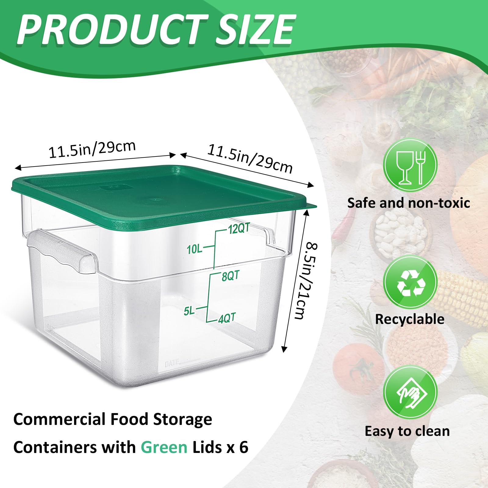 Yungyan Confezione da 6 contenitori per alimenti con coperchi, 12 qt, trasparenti, quadrati, in policarbonato, con graduazioni e manici, per cucina, ristorante, pane, impasti e sous vide