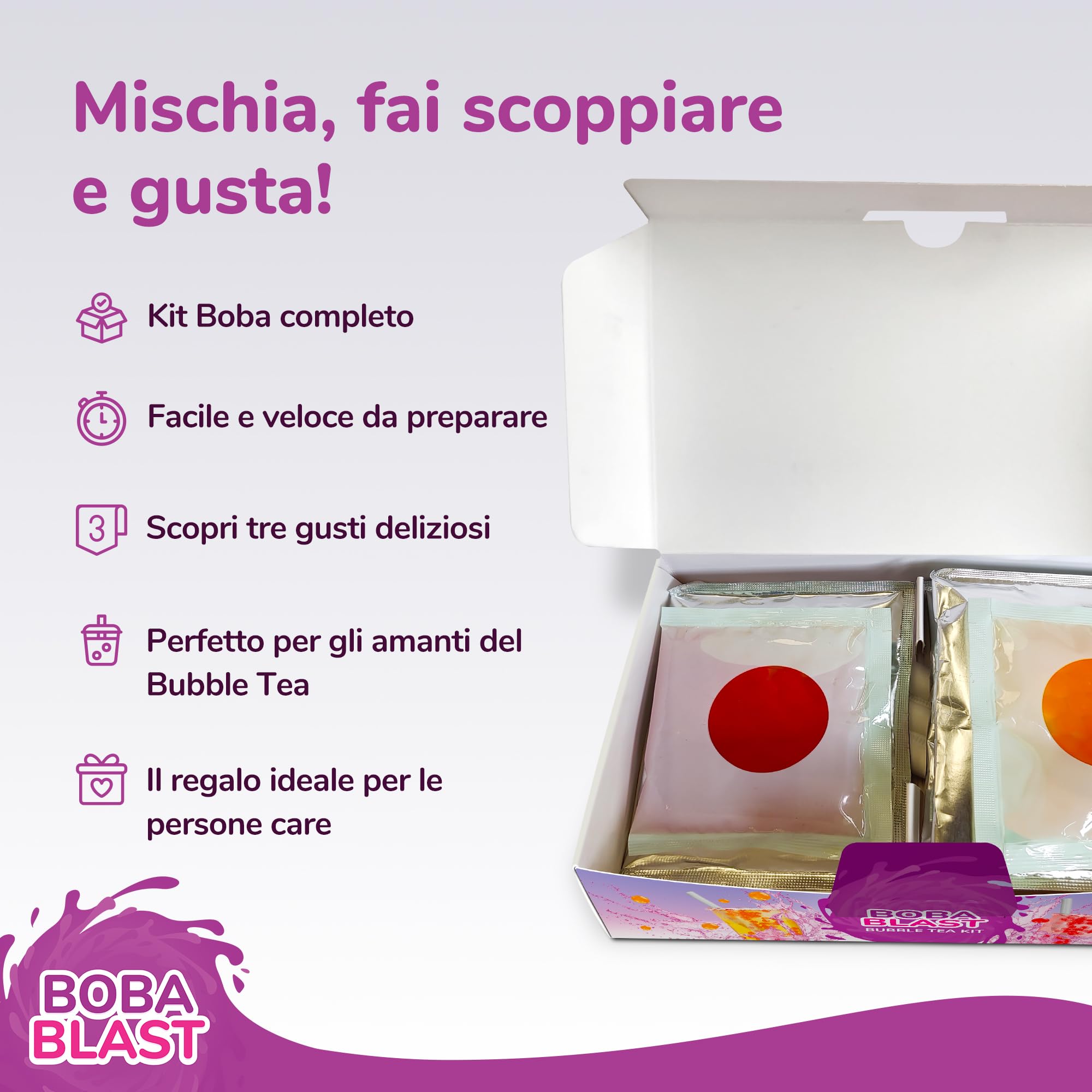 BobaBlast Bubble Tea Kit Completo (240 g) - Perle Bubble Tea ai 3 Gusti Fruttati Fragola, Ananas e Miele - Popping Perle Divertente, Veloce da Preparare e Delizioso - Per Amici e Famiglia