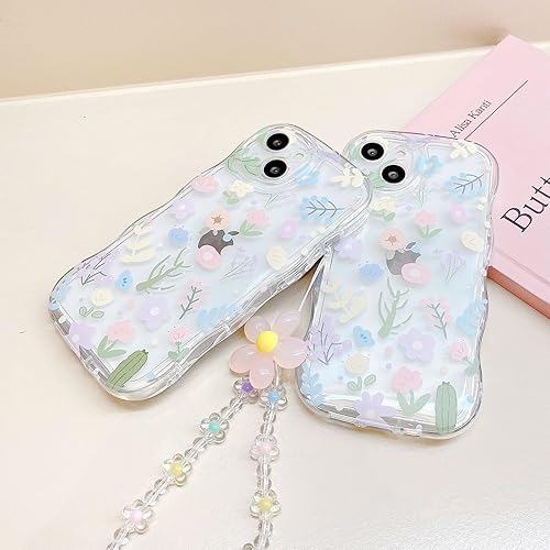 Miniatura 4 de Compatible con iPhone 13, bonito estampado de flores coloridas con cadena de pulsera de flores, funda transparente de borde ondulado, funda