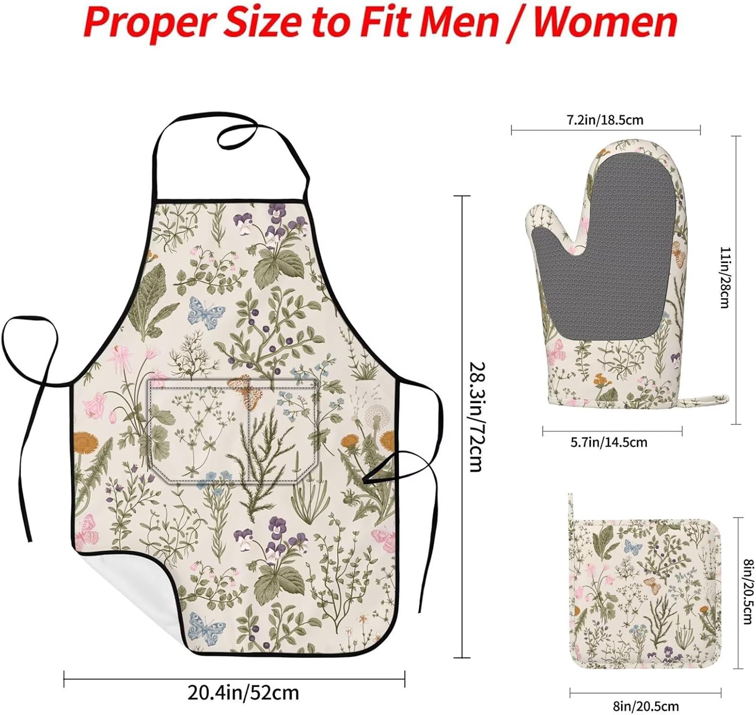 Vintage Wildflower Herbs Floral Rustic Butterfly Oven Mitts Pot Holders Cooking Apron Set of 5 Silicone Kitchen Glove Apron Non-Slip Heat Resistant for Chef Baking Cooking Grilling BBQ - Image 2