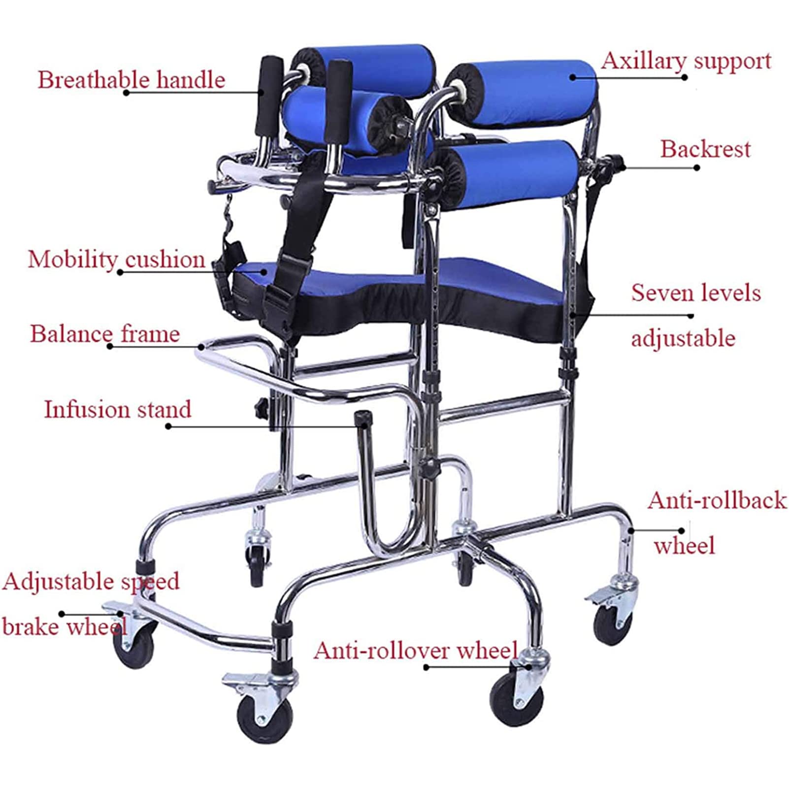 Andador para niños con parálisis cerebral, andador portátil para personas con discapacidad, andador vertical portátil con asiento de altura ajustable, para rehabilitación de personas con par