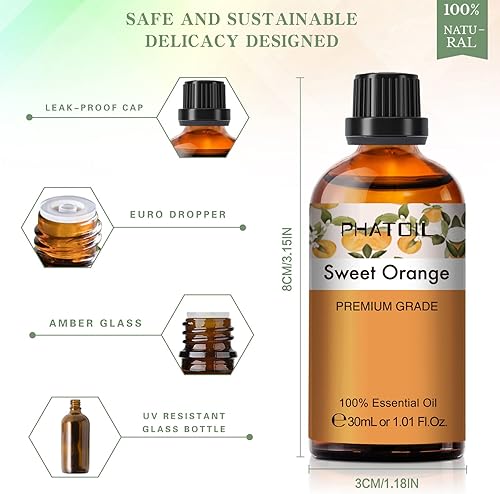 Miniatura 5 de Aceite esencial de naranja dulce, 3.38 onzas líquidas de aceite esencial puro de PHATOIL para difusores de aromaterapia, humidificadores, cuidado de