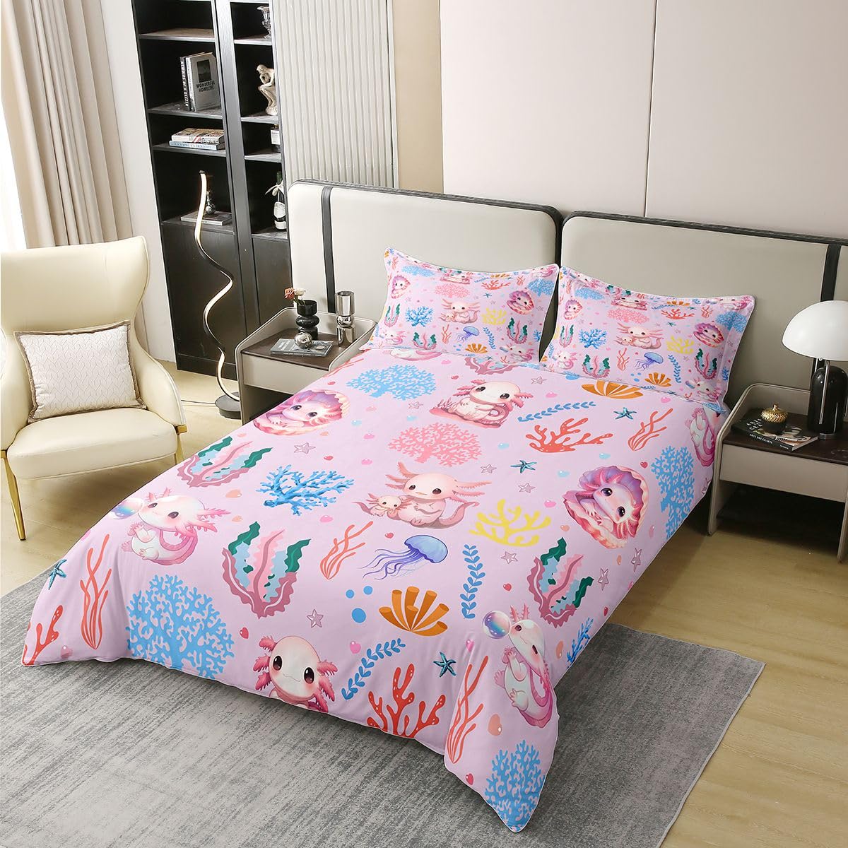 Homewish Różowa urocza poszewka na kołdrę axolotl super king koral rozgwiazda meduza bawełna zestaw pościeli marzycielski podwodny świat poszewka na kołdrę kreskówka gad zwierzę zestawy łóżek