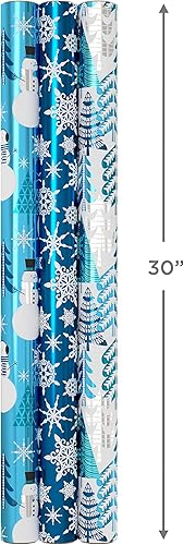 Vista 3 de Hallmark Papel de regalo de Navidad con líneas de corte en el reverso (3 rollos: 60 pies cuadrados en total), muñecos de nieve, copos de nieve