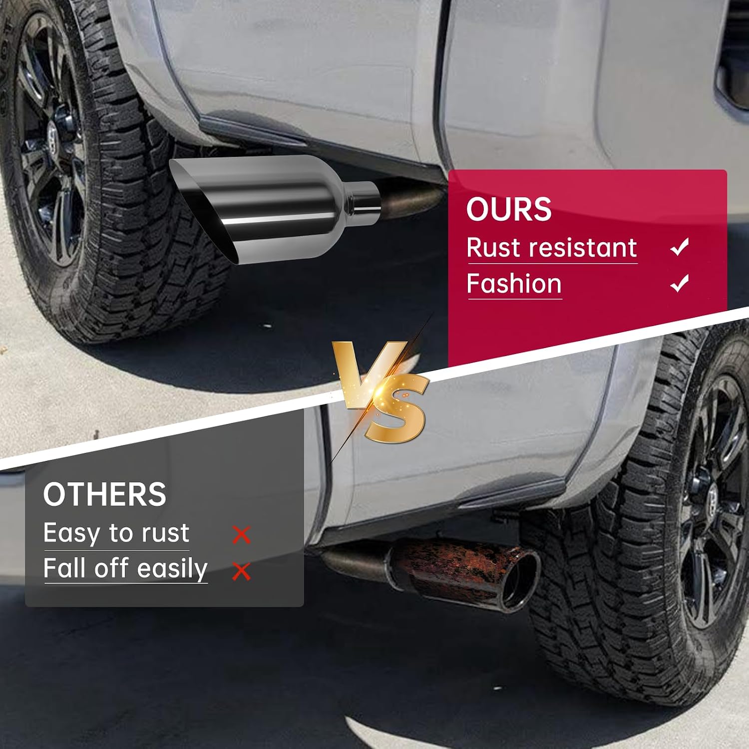 2.5 inch exhaust tip, 2.50" Inlet 6.00" Outlet 12.00" Overall Length, 304 Stainless Steel Chrome Plated Exhaust Tip