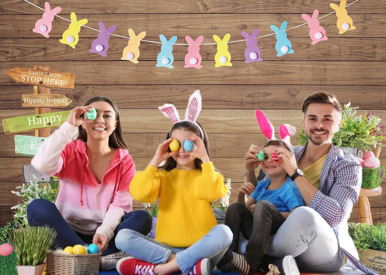INRUI Happy Easter Photography Backdrop Rabbit Eggs Wooden Wall Flowers Grass Baby Shower Party Decorations Banner (10x8FT)