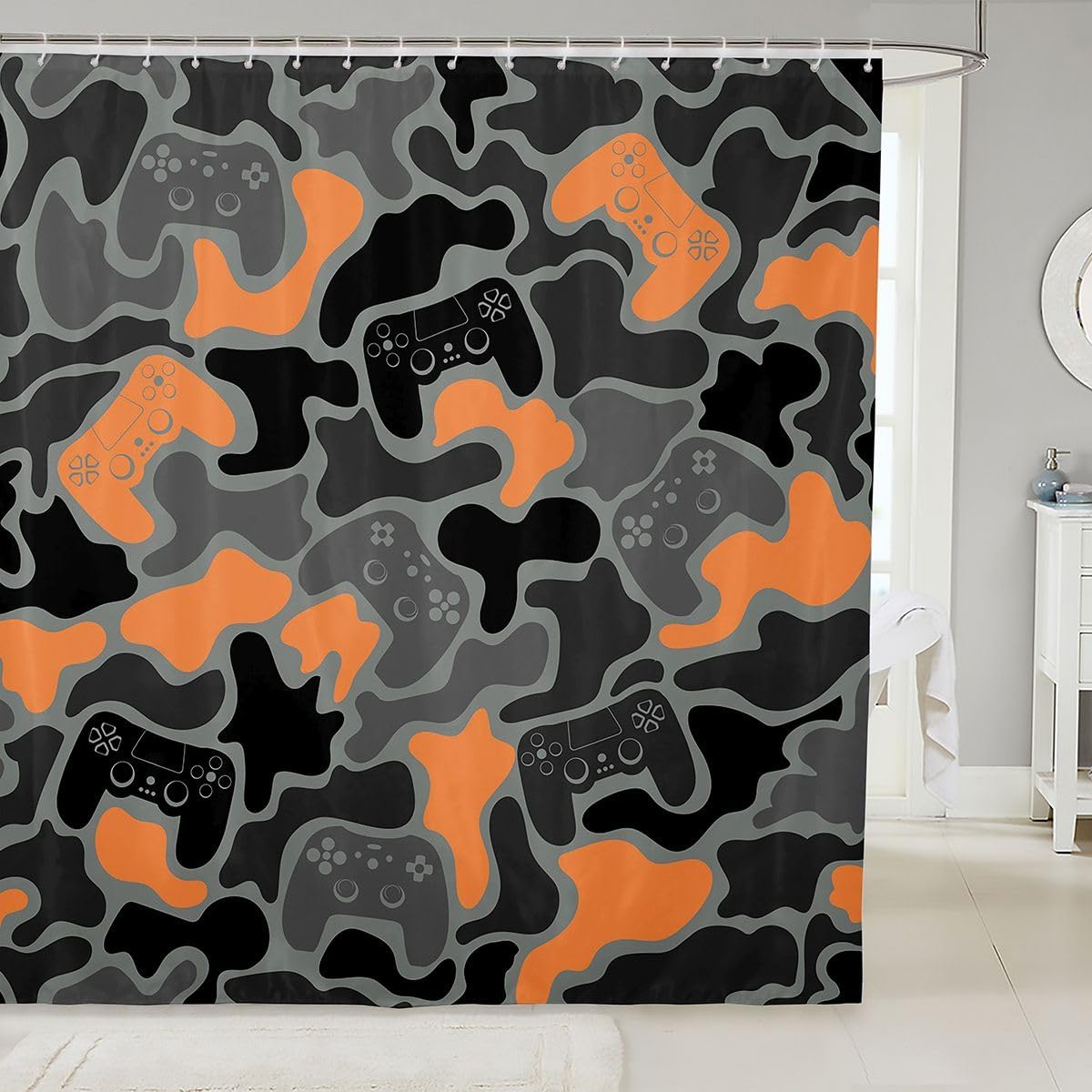 Erosebridal Gaming Shower Curtain Gamer Waterproof Bathroom Curtains, Grey Camo Print Bathtub Decor Gamepad Console Bathroom Accessories 72" Wx84 L