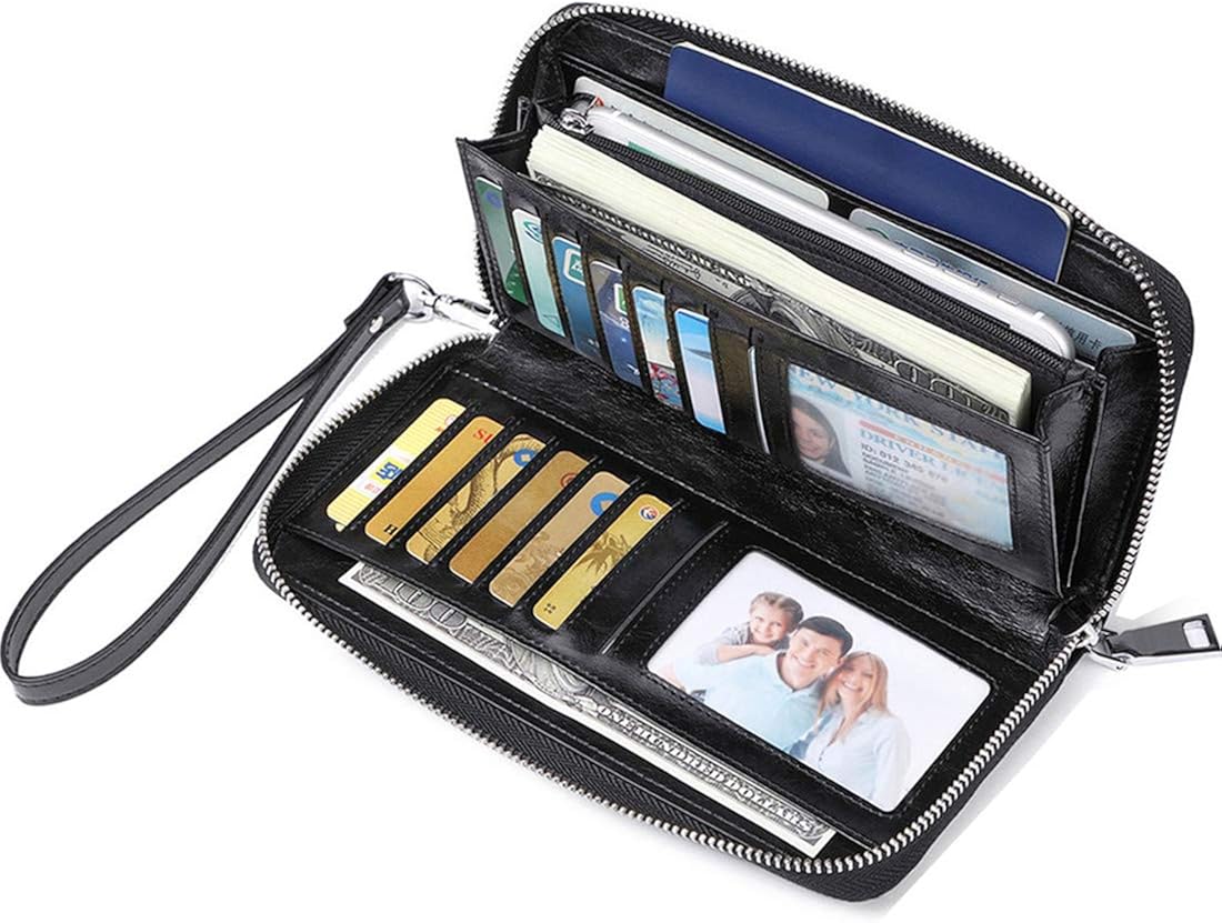 Miniatura 2 de JEEBURYEE Carteras para mujer RFID bloqueo de cuero cremallera alrededor de la muñeca embrague bolsa de viaje