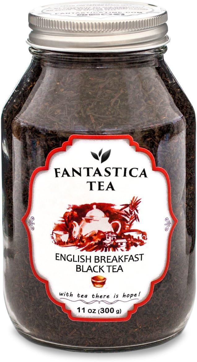 English Breakfast Tea , Loose Leaf Tea in Glass Jar, Enough for 150 Cups or 75 Teapots, Premium Black Tea + Tea Strainer, 11oz/300g , Fantastica Tea LLC