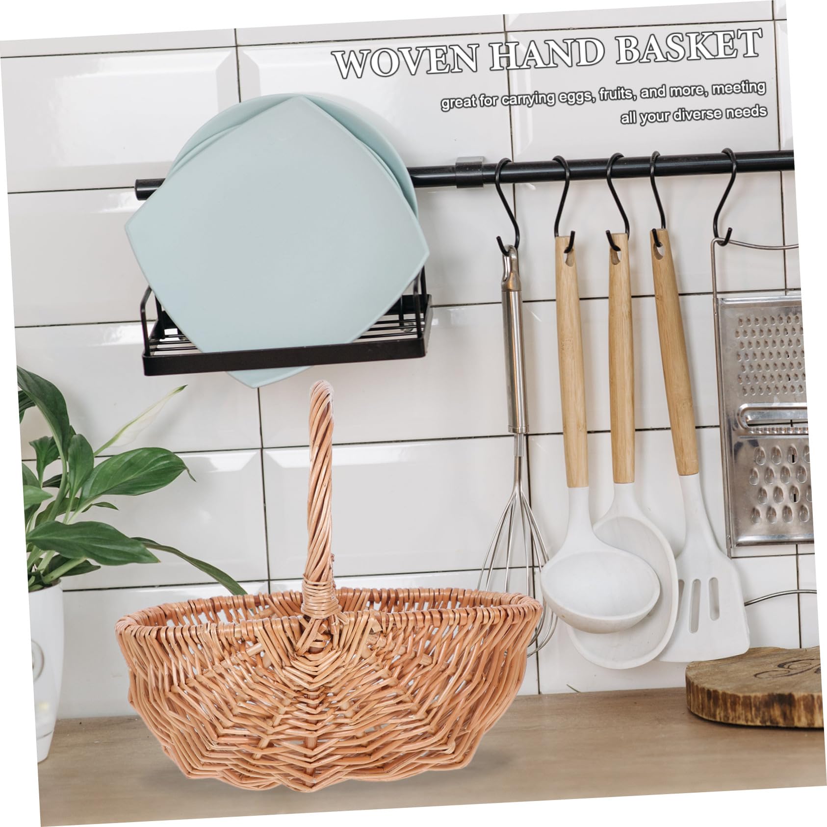 Mipcase Cesta Ovalada de Mimbre Tejida Mano Cesta Pequeña y Ligera para Picnic para Frutas Huevos y Verduras Organizador Portátil para Cocina y Exteriores