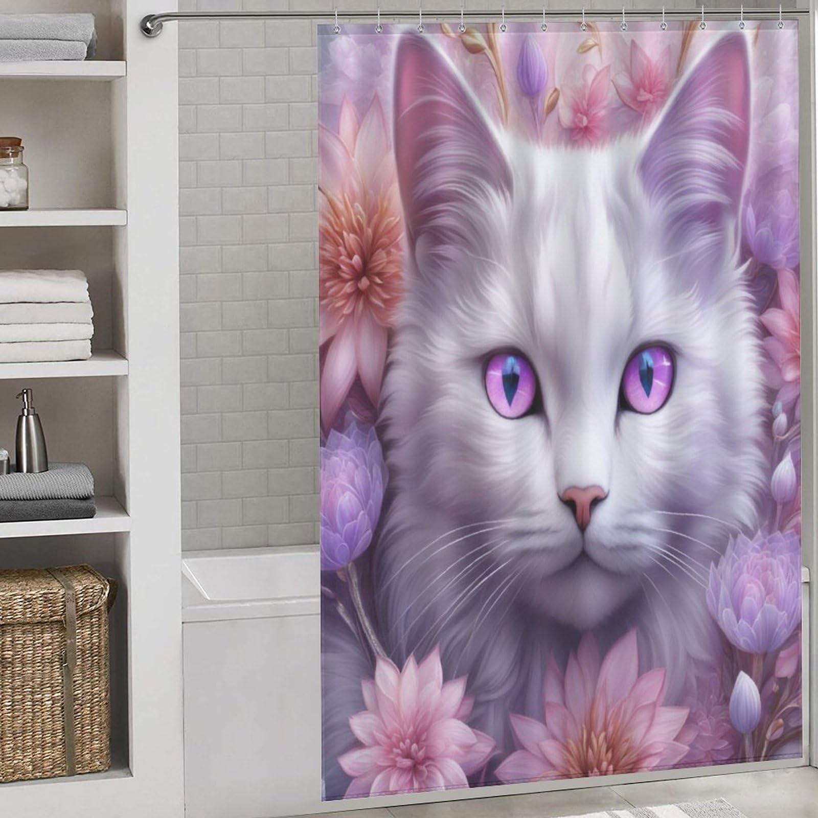 Rideau de douche chat mignon en tissu lavable pour une salle de bain familiale et ludique