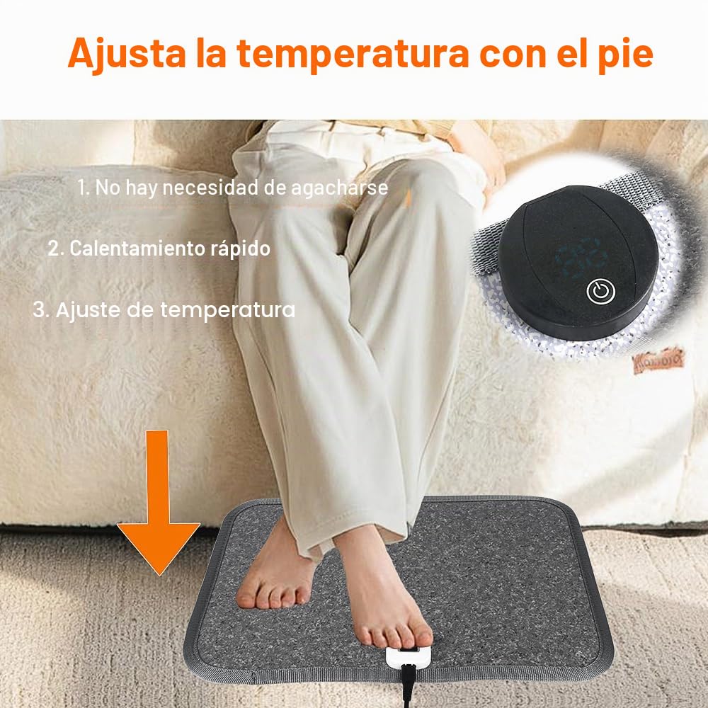 Calienta Pies Electrico, 50 x 35 cm Calentador de Pies con Interruptor de Pie y 8 Niveles de Temperatura, Alfombrilla Suelo Térmica Eléctrica para Oficina Hogar