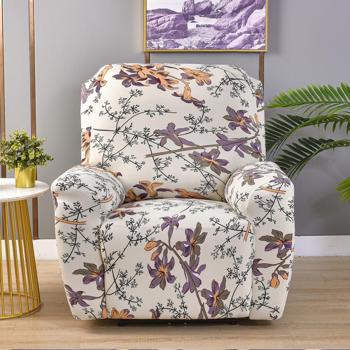 Recliner Chair Cover Printed Sofa Cover 4-Pieces Stretch Recliner Chair Slipcovers Lazy Boy Chair Covers with Side Pocket Non Slip Reclining Slipcovers Furniture Protector for Living Room (Colour 08)