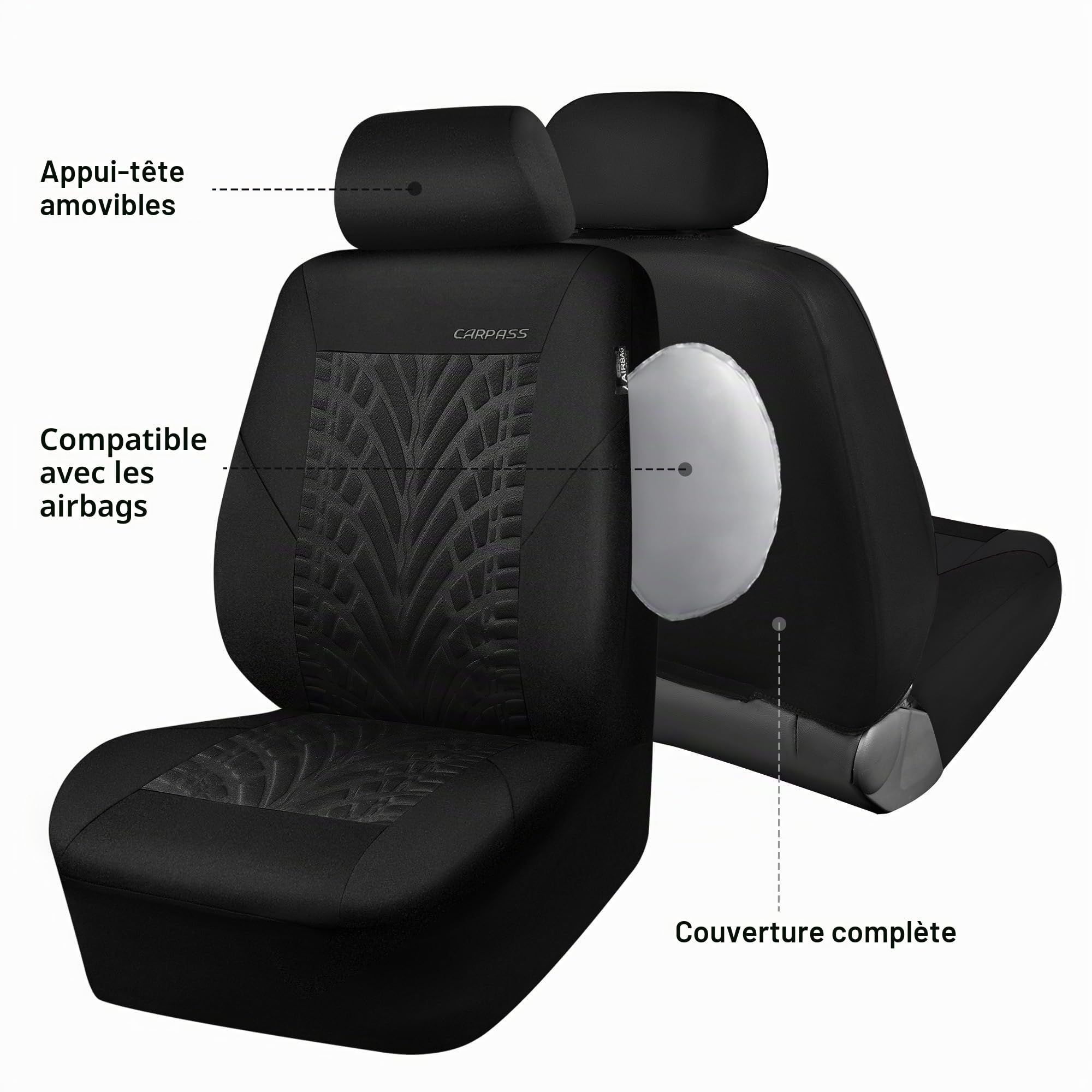 CAR PASS Housses de siège Voiture Avant pour Auto, Camion, SUV, Couvre Siege Auto avec Impression de pneus 3D, Compatibles avec airbags, Installation Rapide (Avant, Noir)