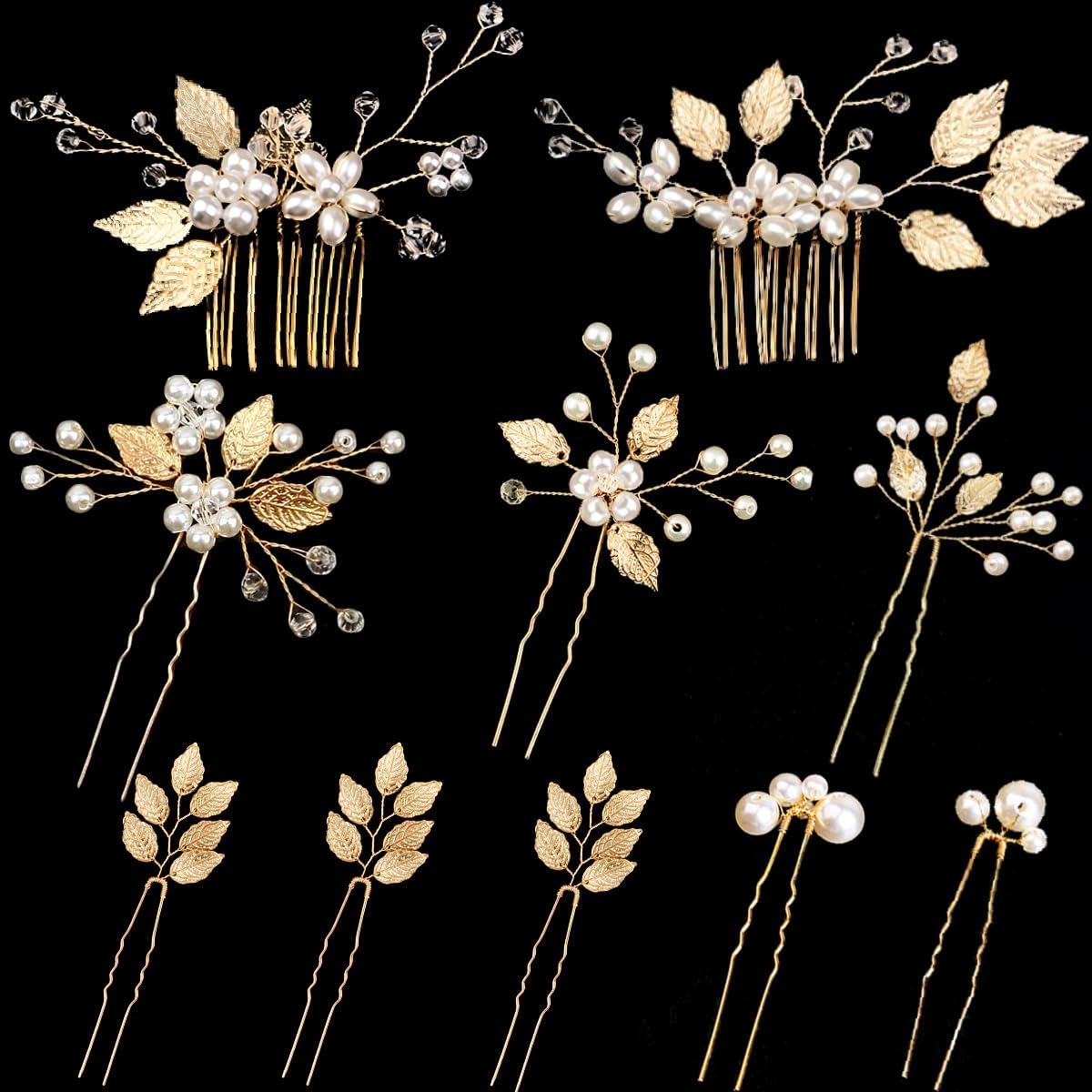 10 Pieces Gold Leaf Bridal Hair Pins, Wedding Headpiece Hair Jewelry with Pearl Rhinestone Wedding Hair Accessories for Bride Bridesmaids Flower Girls