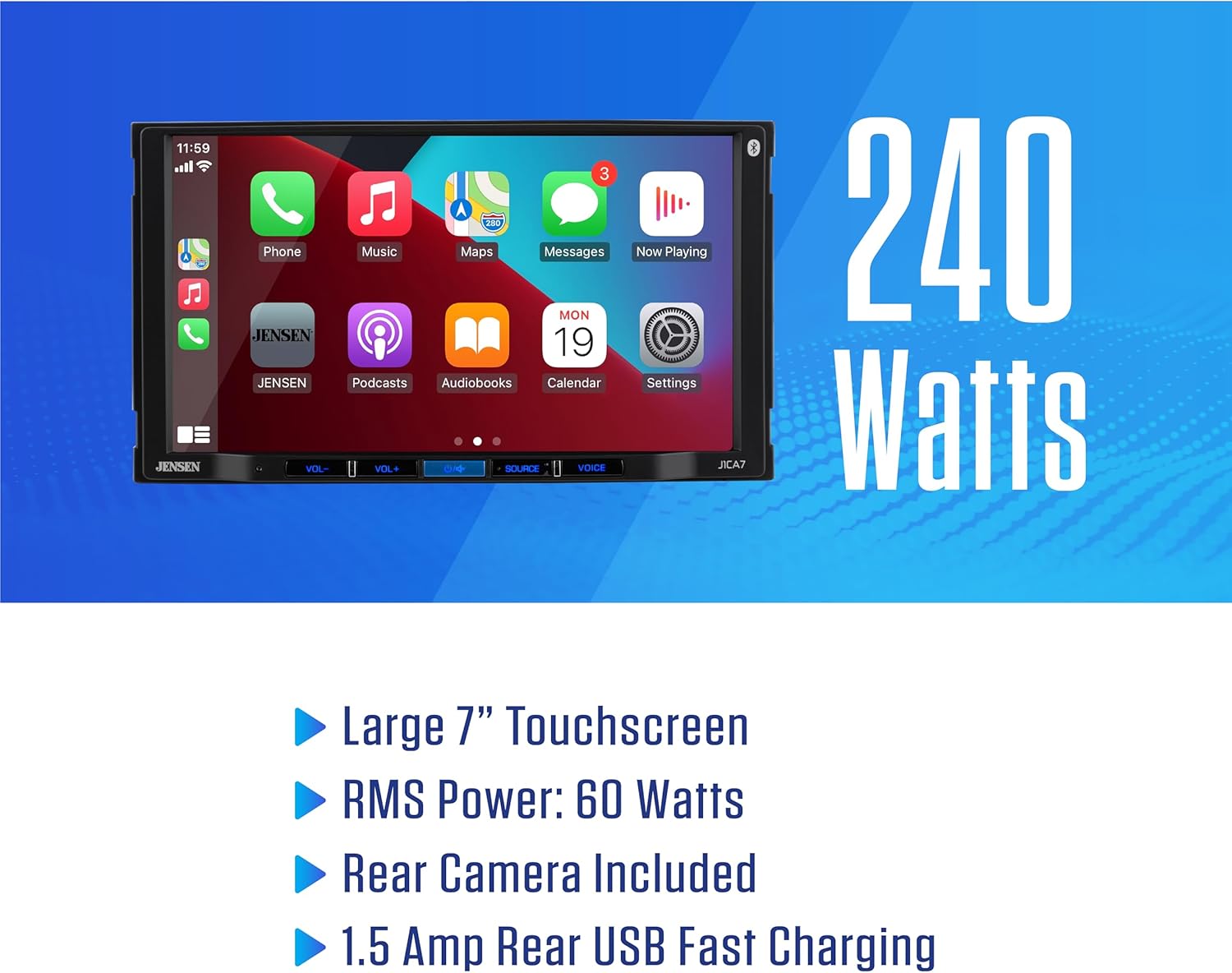 JENSEN J1CA7-BUC 7-inch Certified Apple CarPlay Android Auto | Double DIN Touchscreen Car Stereo Radio | Bluetooth Hands Free Calling & Music Streaming | Backup Camera Included | USB Charging