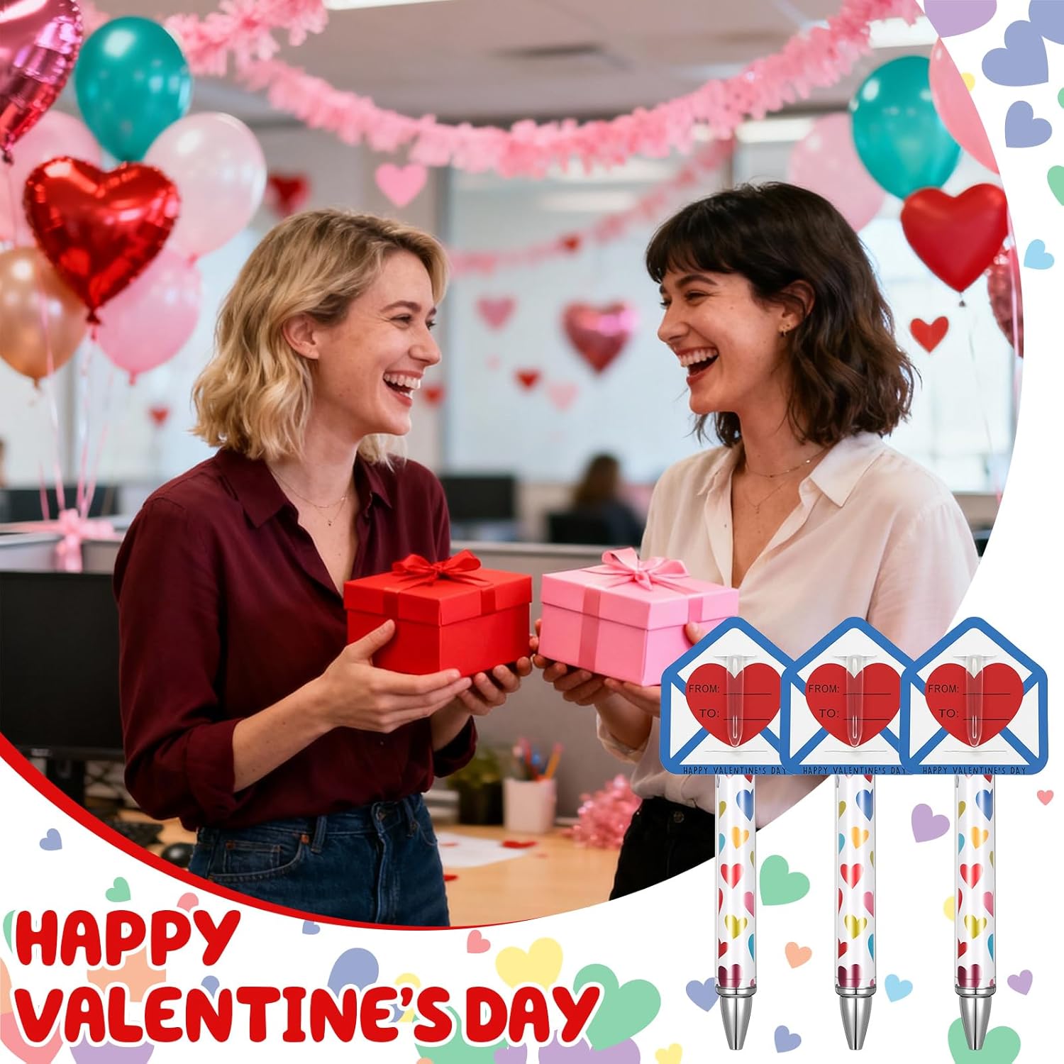 48 Sets Valentine's Day Pens Gift Bulk for Coworkers Employees, Heart Print Ballpoint Pens with Happy Valentine's Day from to Exchange Cards for Office School Classroom Party Adult Kid Teacher - Image 6