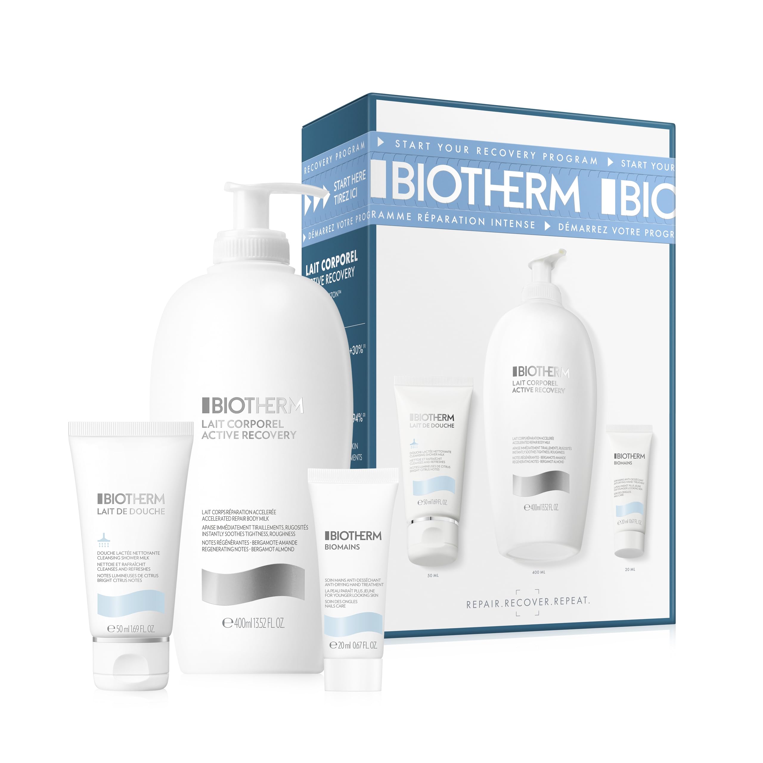 BIOTHERM Cofanetto Active Recovery, Crema Corpo + Gel Doccia + Crema Mani, Routine Idratante e Purificante, Con Biotech Plankton, Vitamina B3 + E e Pro-Vitamina B5, 400 ml, 50 ml, 20 ml