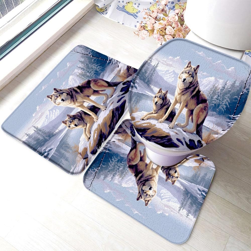 UOZXOML Wolf Bathroom Rug Set of 3,Winter Snowy Forest Mountain Wolf Family Print Pattern Sunset Watercolor Painting Art Bath Mats Set for Bathroom, Non-Slip Washable Cover Floor Rug Decor