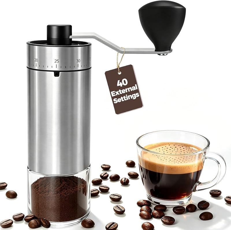Mini Manual Coffee Grinder with 40 External Grind Settings, Ceramic Conical Burr Hand Coffee Grinder, Portable Coffee Bean Mill for Espresso, Pour Over, French Press, Camping, Travel