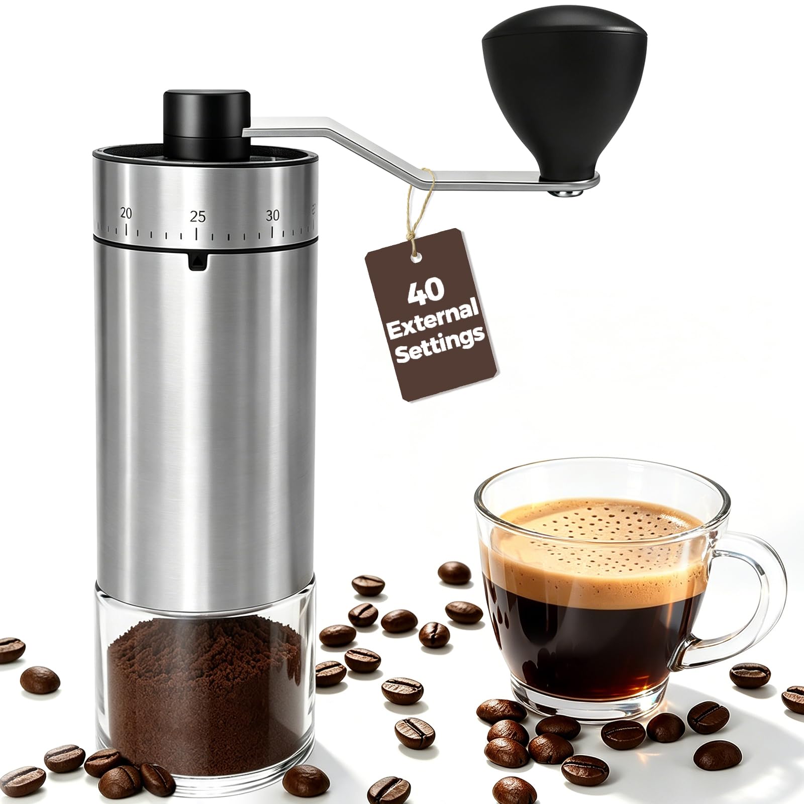 Mini Manual Coffee Grinder with 40 External Grind Settings, Ceramic Conical Burr Hand Coffee Grinder, Portable Coffee Bean Mill for Espresso, Pour Over, French Press, Camping, Travel