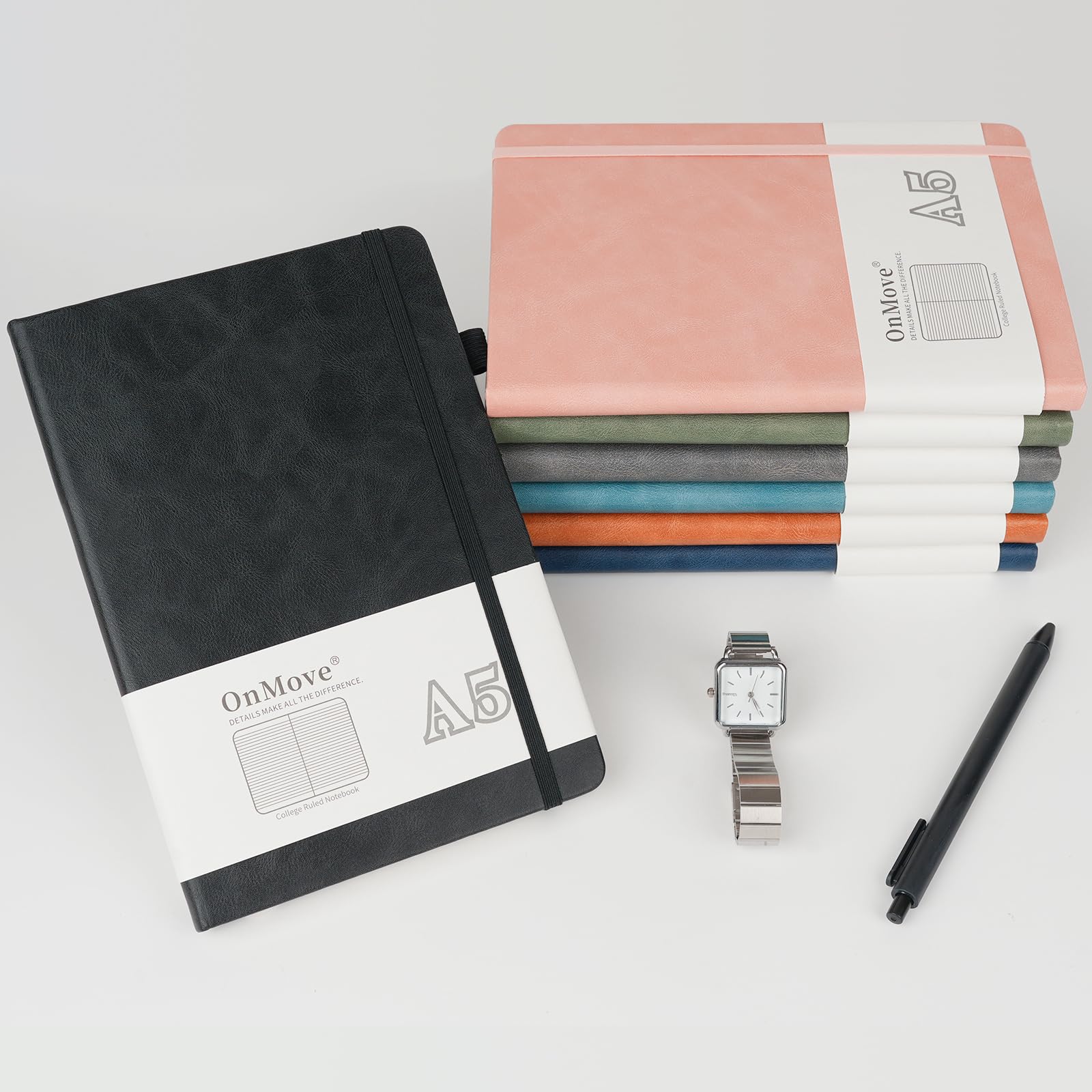 OnMove Notizbücher für Damen und Herren, 24 Stück, Leder, Hardcover mit Stifthalter, A5, 160 Seiten, 100 g/m² dickes Papier, für Arbeit, Schule, liniert, Schwarz