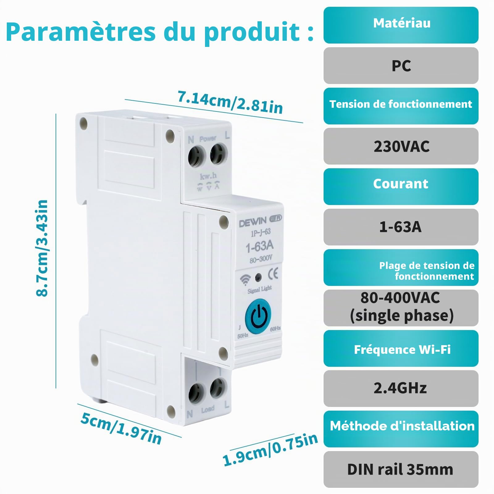 Disjoncteur connecté Tuya smart APP disjoncteur wifi Disjoncteur Intelligent compteur electrique connecté 63A contacteur wifi Charge Overcurrent Protection interrupteur à air 1P-J-63