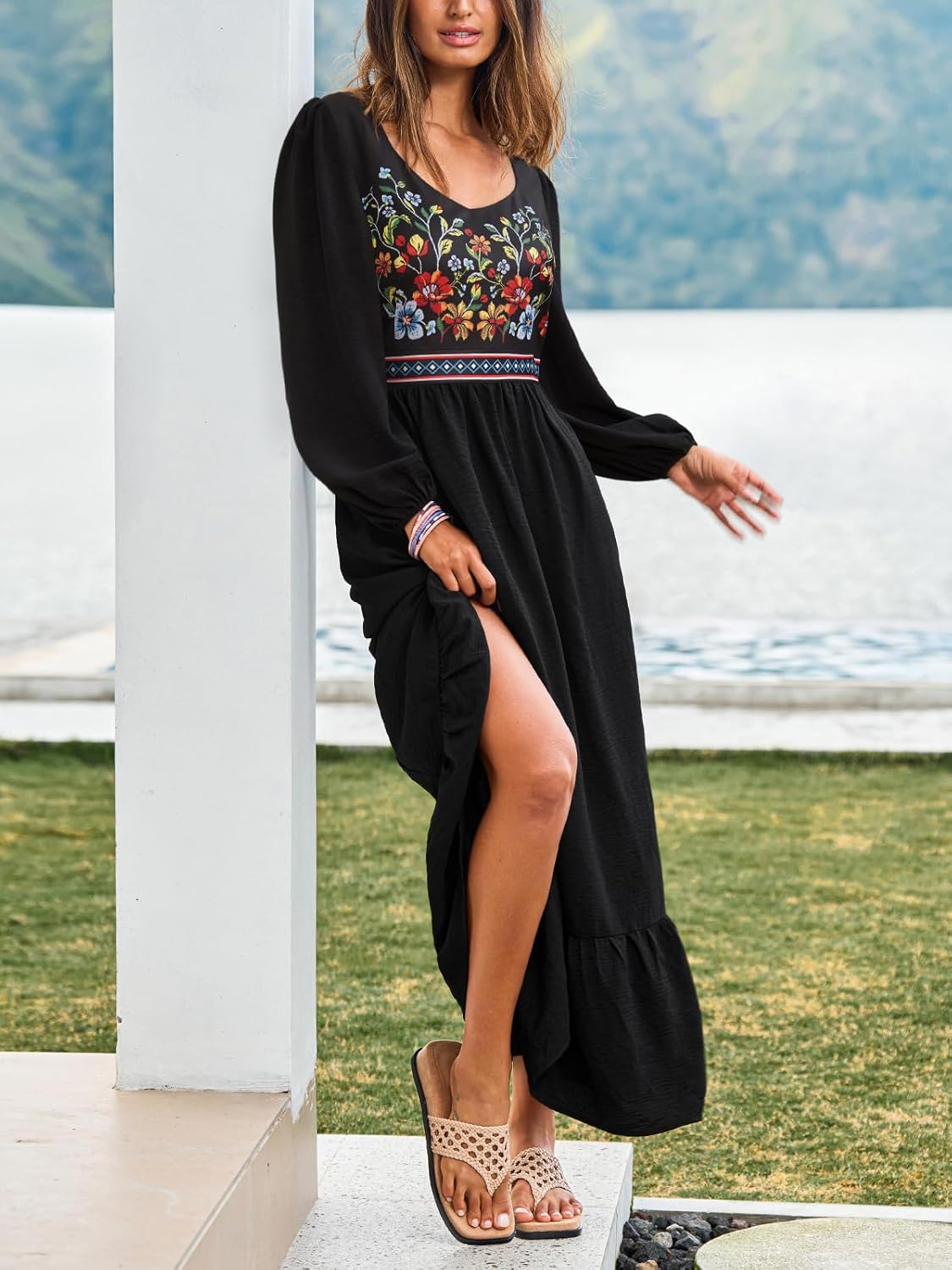 CUPSHE Women Fall Dresses Long Sleeve Boho Floral Casual Maxi Dress - Image 3