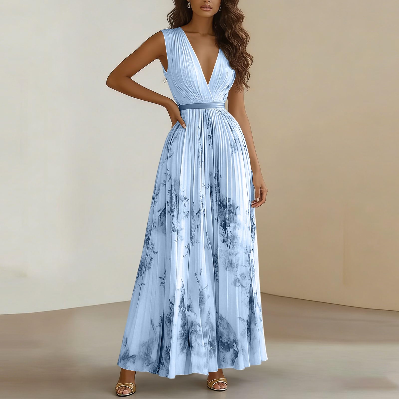 Kleid Hochzeitsgast Damen Curvy Lang Abendkleider Elegant Für Hochzeit Gast Chiffon Festliche Kleider Damen Sommer A Linie Ballkleid V Ausschnitt Tailliert Partykleid Blumen Maxikleider - 4