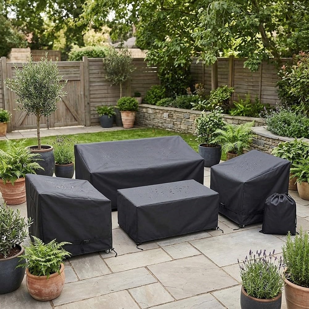 Lot de 4 Housses de Meubles de Jardin en Tissu Oxford Imperméable pour Table et Chaises en Rotin, Protection Contre la Pluie, la Neige et la Poussière (noir 200D)
