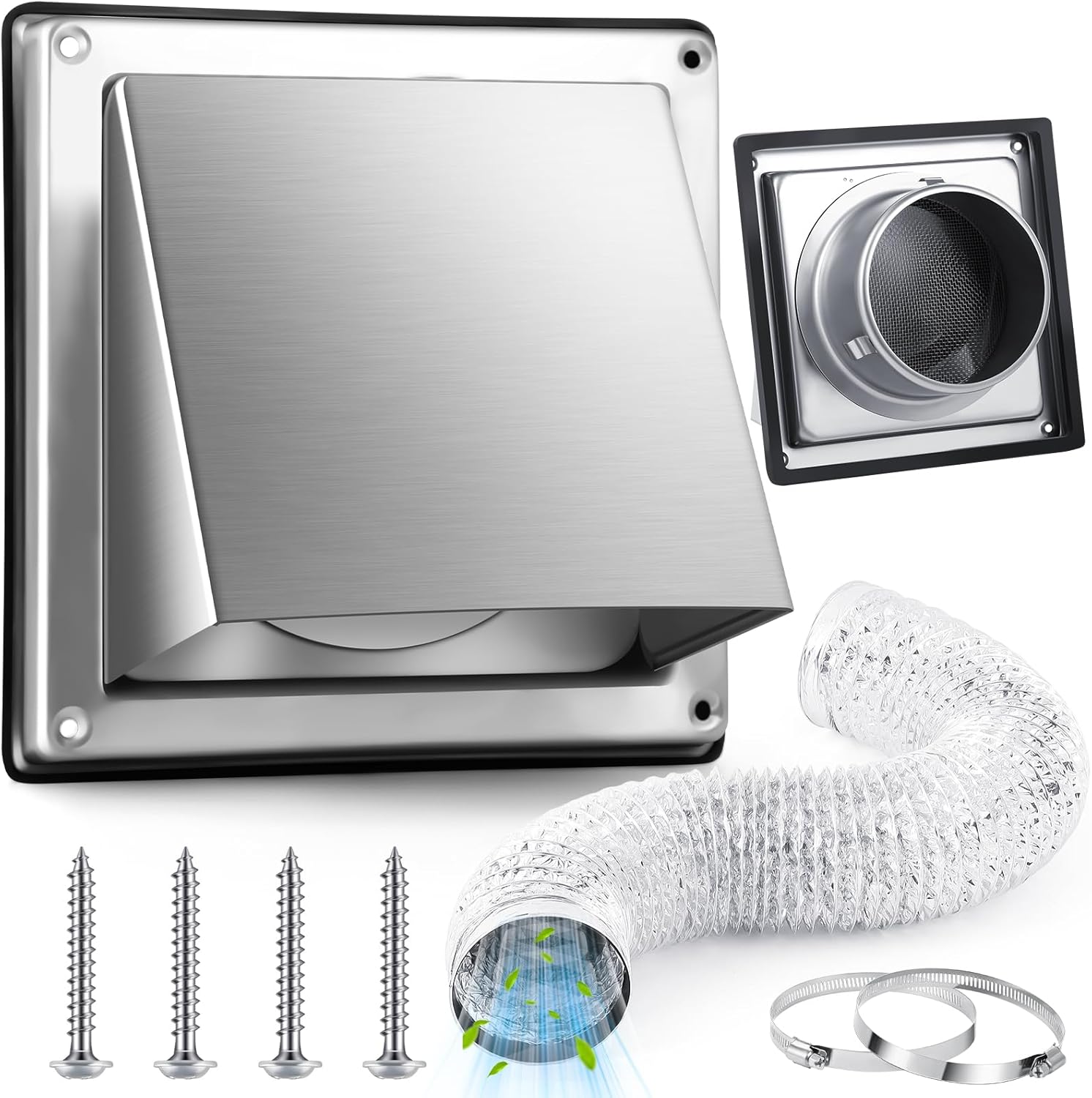 Threlaco 4" Dryer Vent Kit with Hose Fine Mesh Stainless Steel Wall Mount Extractor Vent Cover with Non Return Flap Exhaust Fan Duct Kit for Anti-insect Bird Bathroom Ceiling Washer Air Circulation