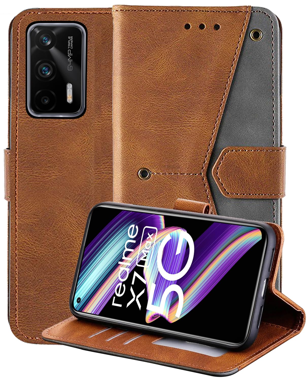 AUTO FOCUS Faux Leather Back Case Flip Cover for Realme X7 Max 5G with ID Card Slot | Foldable Stand | 2 ID Card Slot | 1 Cash Slot - Executive Brown, 20496-image-1