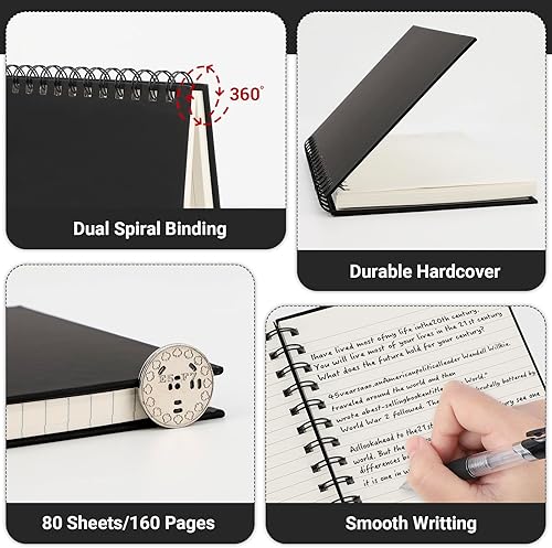 Miniatura 3 de EUSOAR Cuaderno de espiral con rayas universitarias, paquete de 3 cuadernos negros A5 de 5.5 x 8.3 pulgadas, tapa dura gruesa, 160 páginas80 hojas
