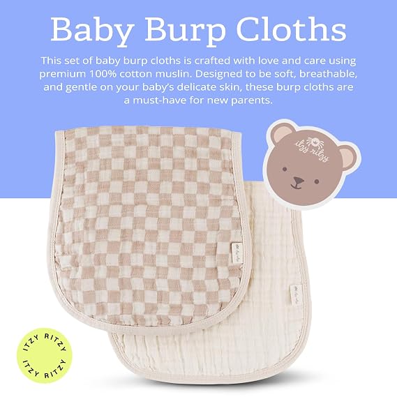 Itzy Ritzy Set of 2 Baby Burp Cloths Ultra-Soft Absorbent Burping Cloths for Babies - Made of 100% Cotton Muslin & Generously Sized with Trendy Coordinating Prints Machine Washable (Checkerboard)
