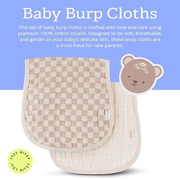 Itzy Ritzy Set of 2 Baby Burp Cloths Ultra-Soft Absorbent Burping Cloths for Babies - Made of 100% Cotton Muslin & Generously Sized with Trendy Coordinating Prints Machine Washable (Checkerboard)