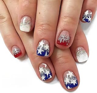 24Pcs 4th of July Press on Nails Short Square Fake Nails with Star Glitter Designs Patriotic Acrylic Nails Glue on Nails Independence Day False Nails Full Cover French Tip Stick on Nails for Women