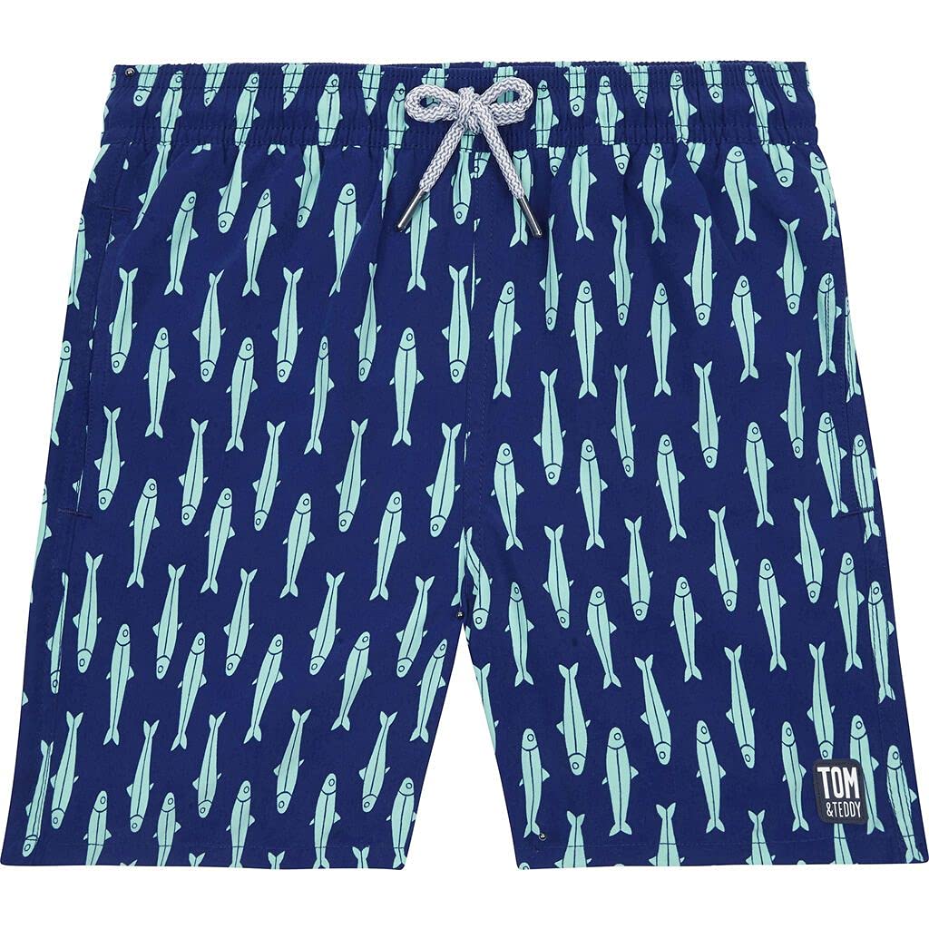 Tom & Teddy Ink Blue & Green Sardines Maillot de Bain, Bleu, 3-4 Ans Garçon