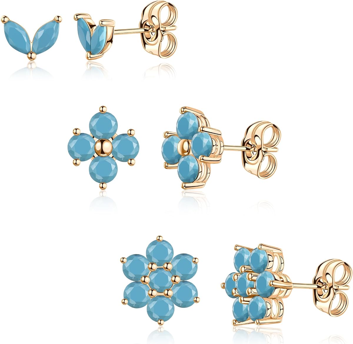 3 Pairs Turquoise Flower Cartilage Stud Earrings, 14K Gold Dainty | Hypoallergenic and non-tarnishing with lightweight comfort, offering lasting shine for solo wear or layered styling