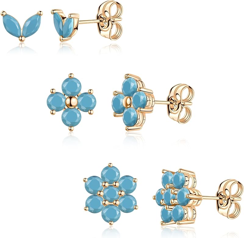 3 Pairs Turquoise Flower Cartilage Stud Earrings, 14K Gold Dainty | Hypoallergenic and non-tarnishing with lightweight comfort, offering lasting shine for solo wear or layered styling