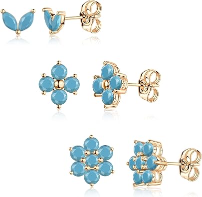 NOKMIT 3 Pairs Turquoise Flower Cartilage Stud Earrings, 14K Gold Dainty