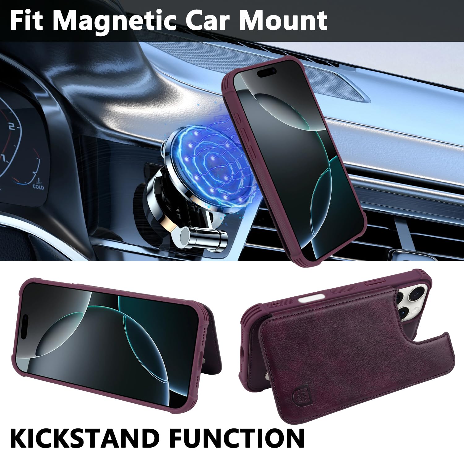 VANAVAGY Compatible for iPhone 16 Pro Max Wallet Casewith Credit Card Holder,Rfid Leather Flip Folio Phone Cover Fits Magnetic Car Mount & Stand with Screen Camera Protector,Purple - Image 4