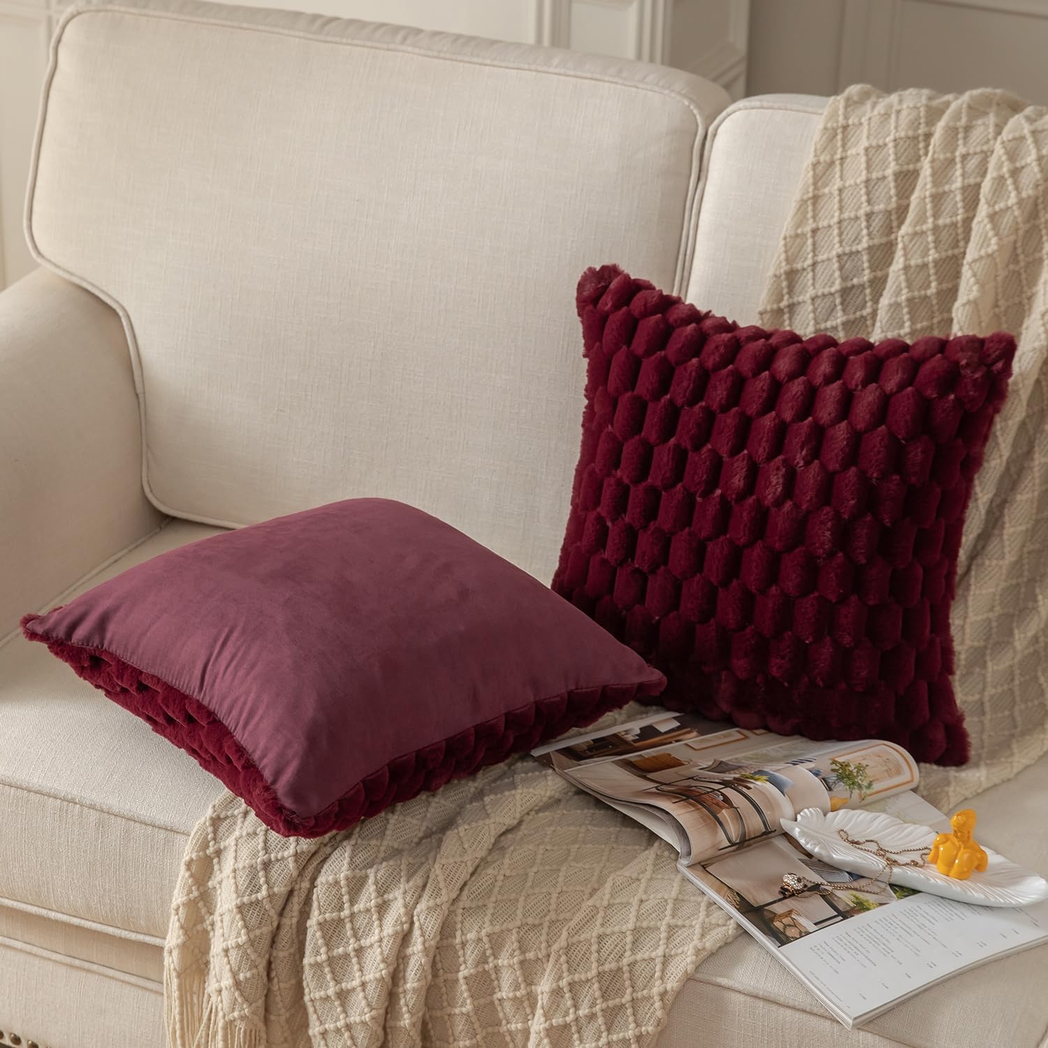 MANDIOO Pack of 2 Burgundy Super Soft Plush Fluffy Decorative Throw Pillow Covers 16x16 inch Faux Fur Wool Velvet Cushion Covers Pillow Cases Couch Sofa Bed Living Room - Image 3