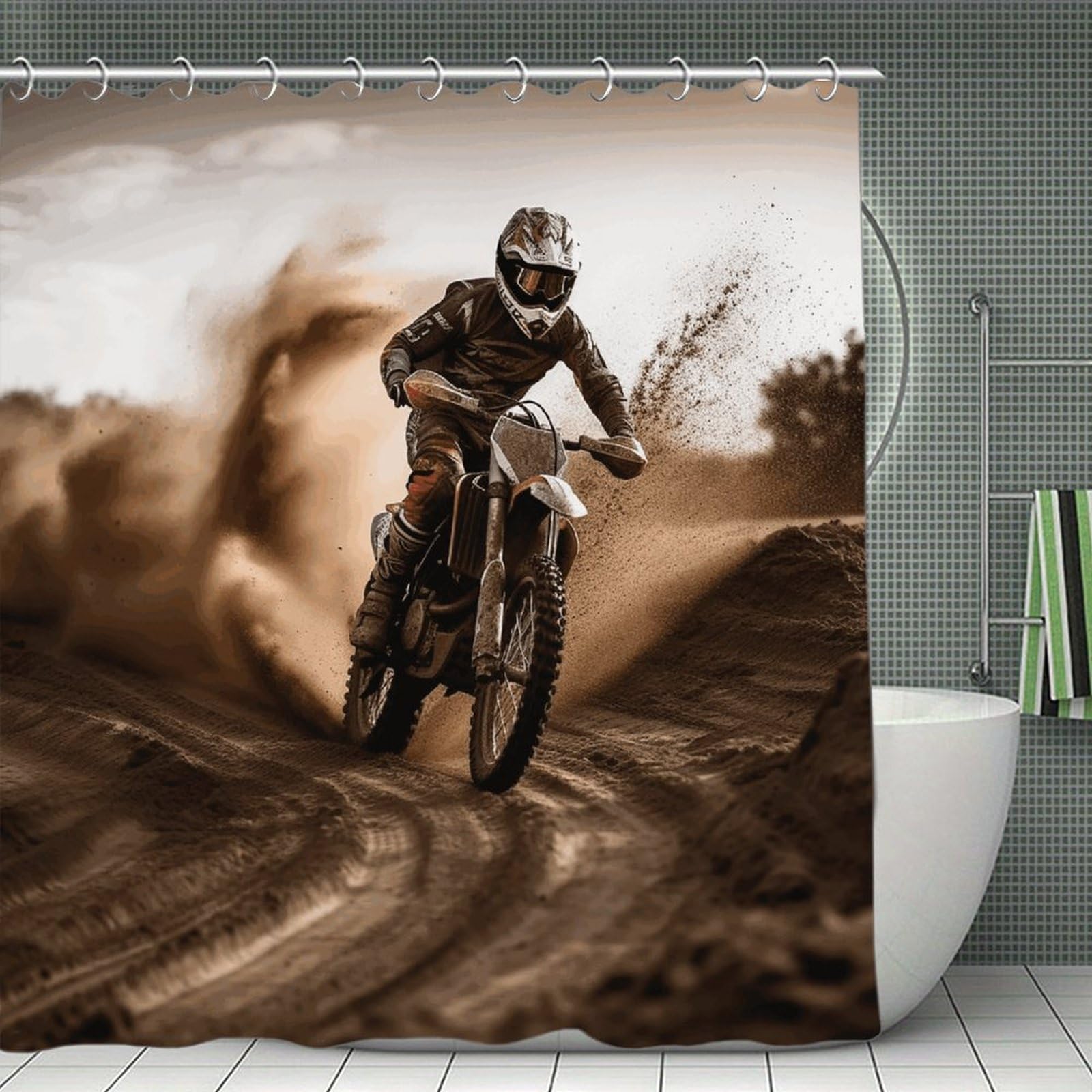VstaDank Motocross Shower Curtain Waterproof Bathroom Curtain with Hooks Luxury Weighted Bath Curtains for Bathtubs Showers Room Dividers Decorative Shower Curtains 71x71 in