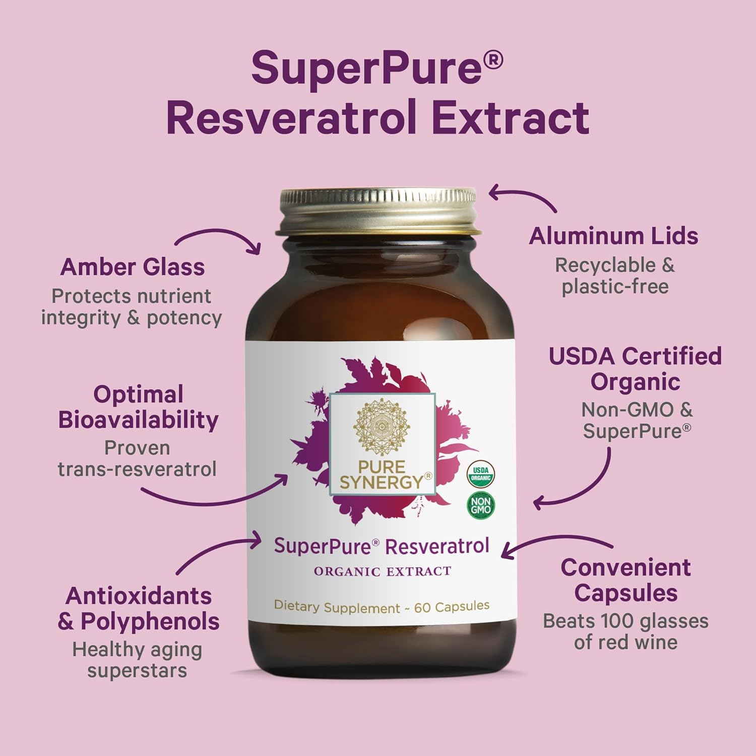 PURE SYNERGY SuperPure Resveratrol Extract | Organic Resveratrol Supplement | Antioxidant Trans-Resveratrol Extract with Grape Polyphenols | for Healthy Aging, Heart, and Skin Health (60 Capsules) - Image 3
