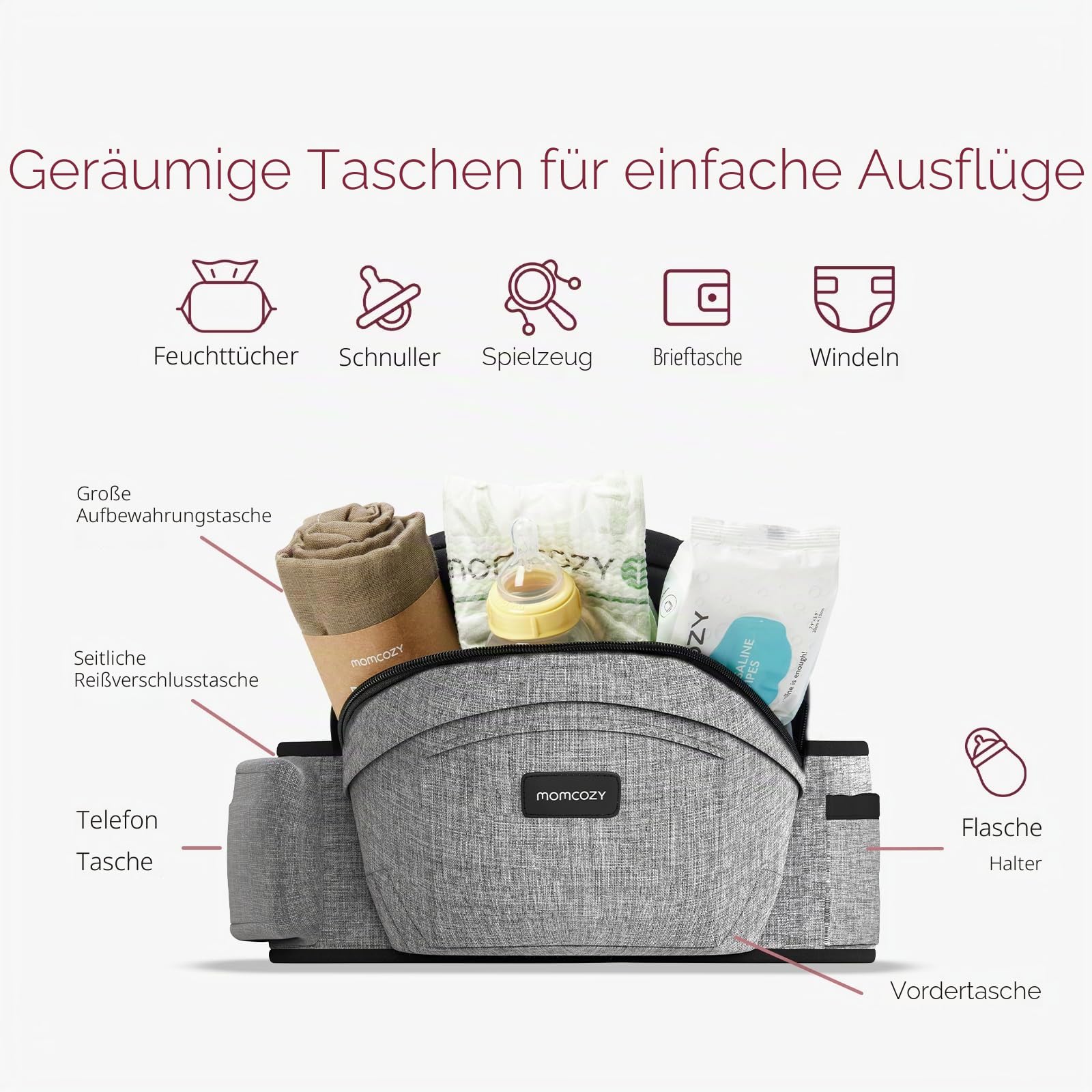 Momcozy Hüftsitz Babytrage - Verstellbarer Bund mit Original 3D Bauchschutz & EVA Massagebrett, Ergonomische Tragetasche mit verschiedenen Taschen für Neugeborene & Kleinkinder bis 20.4 kg (Grau,