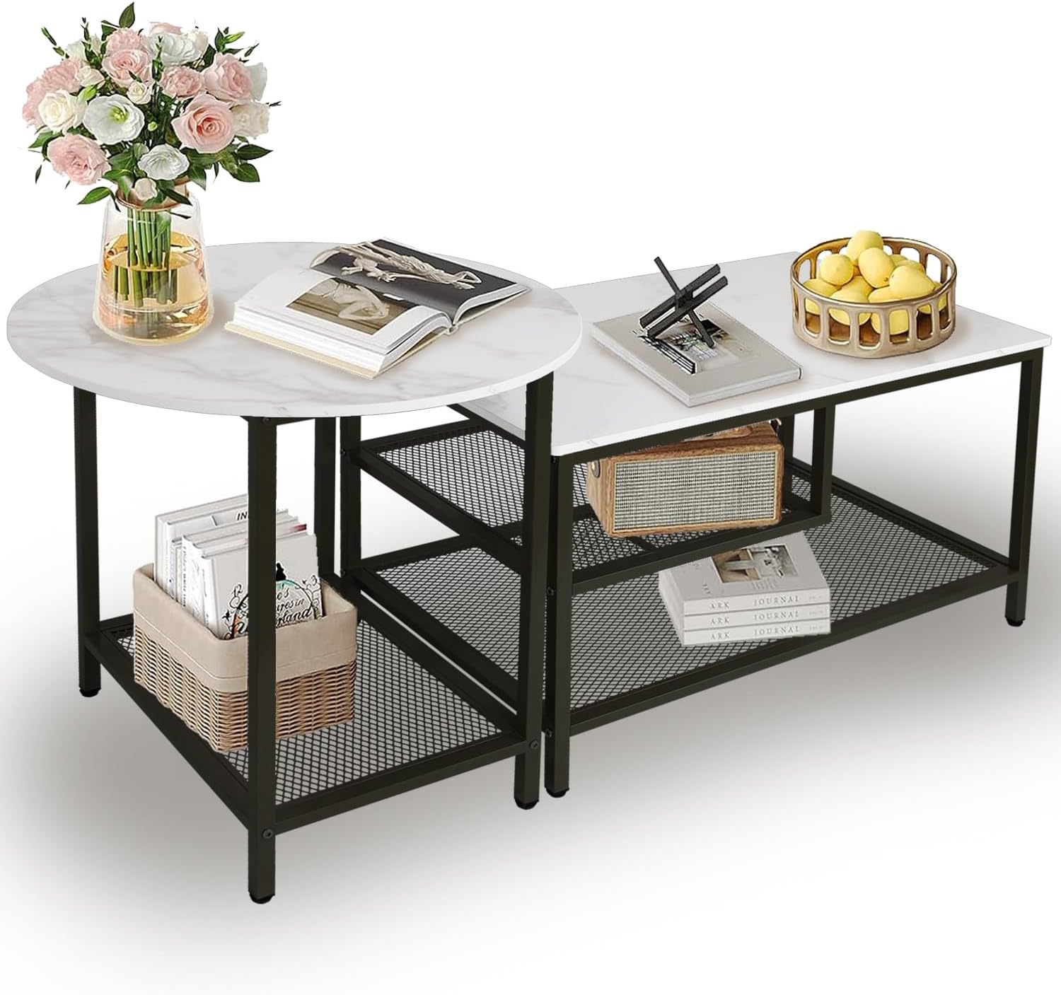 AT-VALY Nesting Table Set of 2, Modern Round End Table & Rectangular Coffee Tables for Living Room Apartment (Gold)